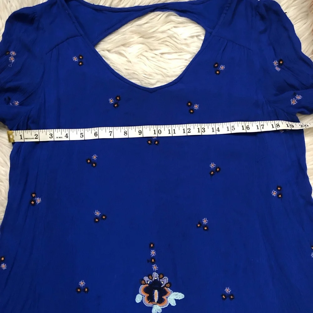 Free People Oxford Babydoll Embroidered Bell Sleeves Cobalt Blue Swing Dress M